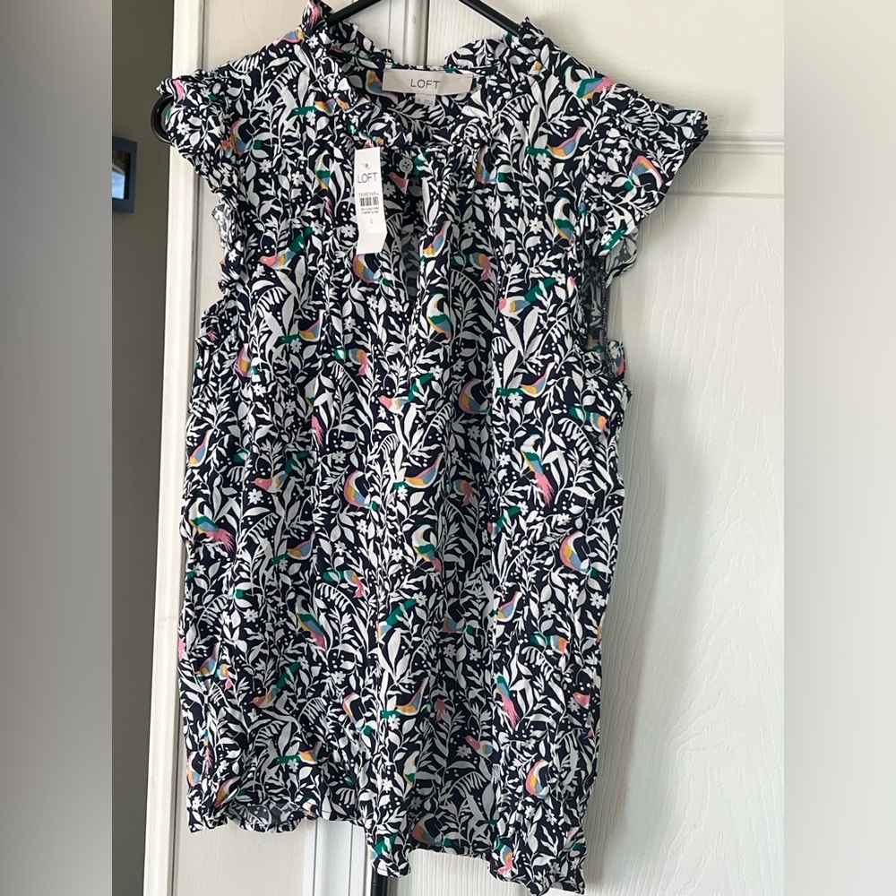 LOFT Navy and White Floral Blouse with Colorful Accents
